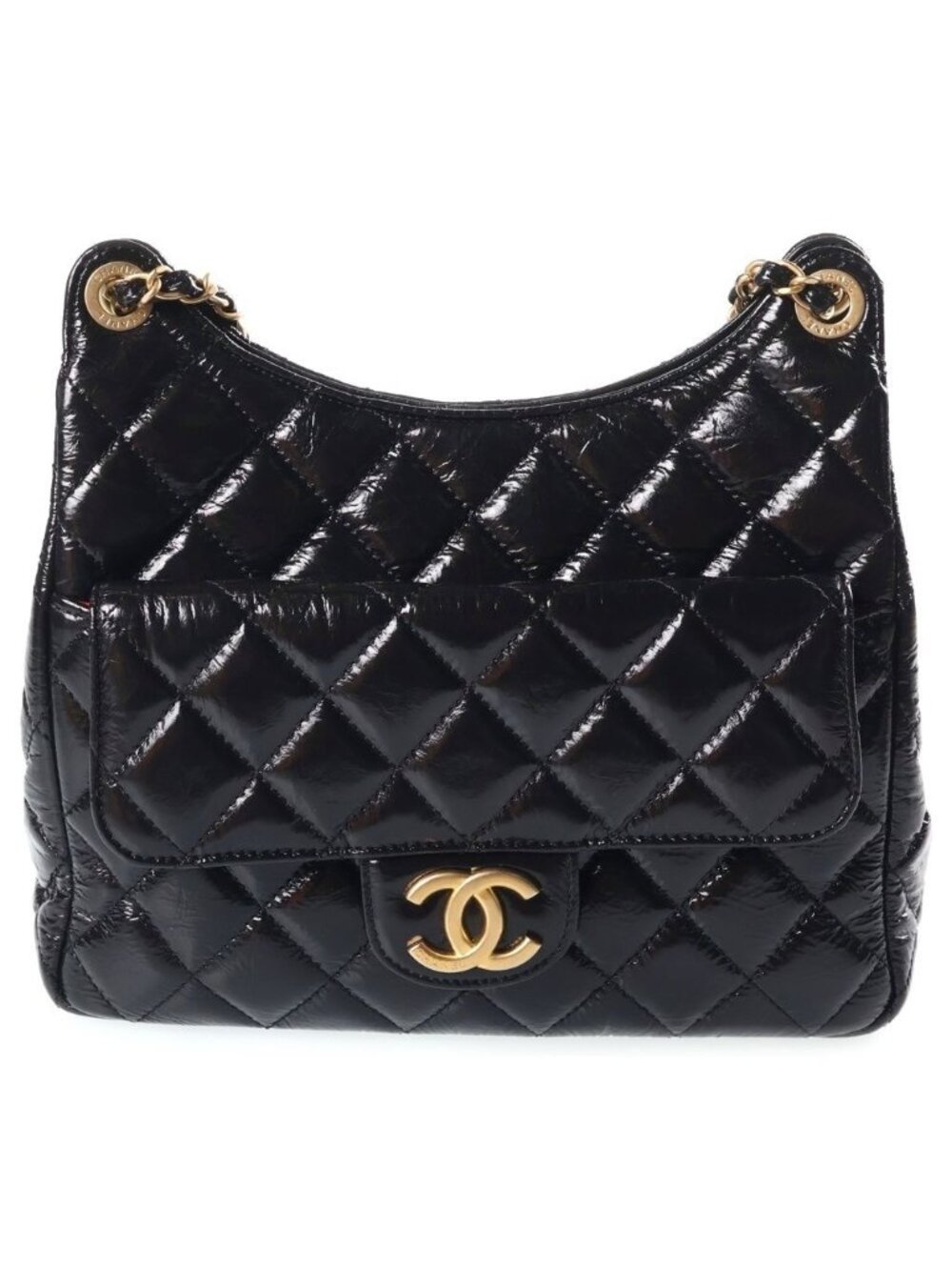 Chanel Hobo Quilted Chain Shoulder Bag Black Shiny Calfskin Gold